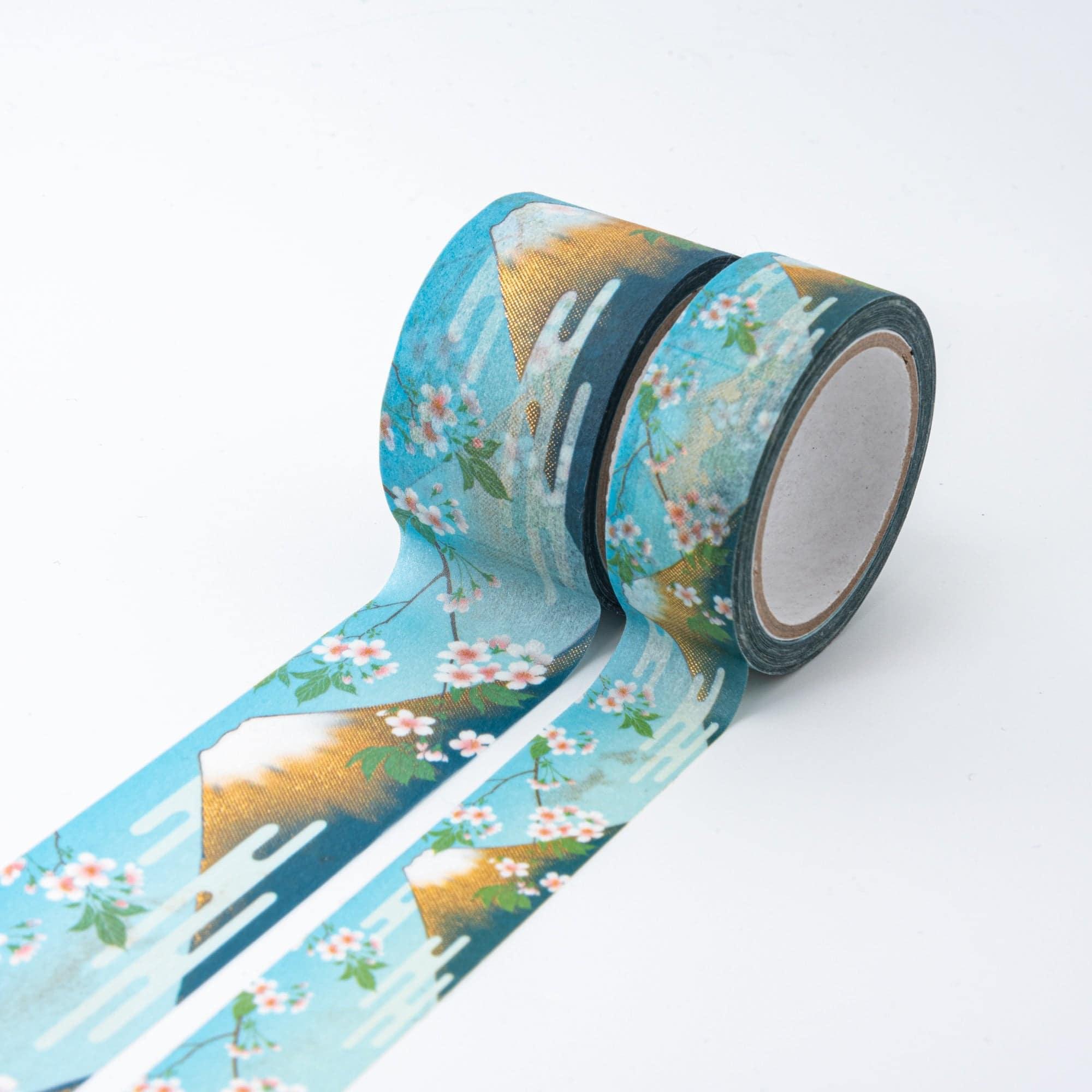 Kimono Beauty Series Iyo Washi Tape featuring Mt. Fuji art, beautifully displayed on a wooden desk, emphasizing traditional craftsmanship.  