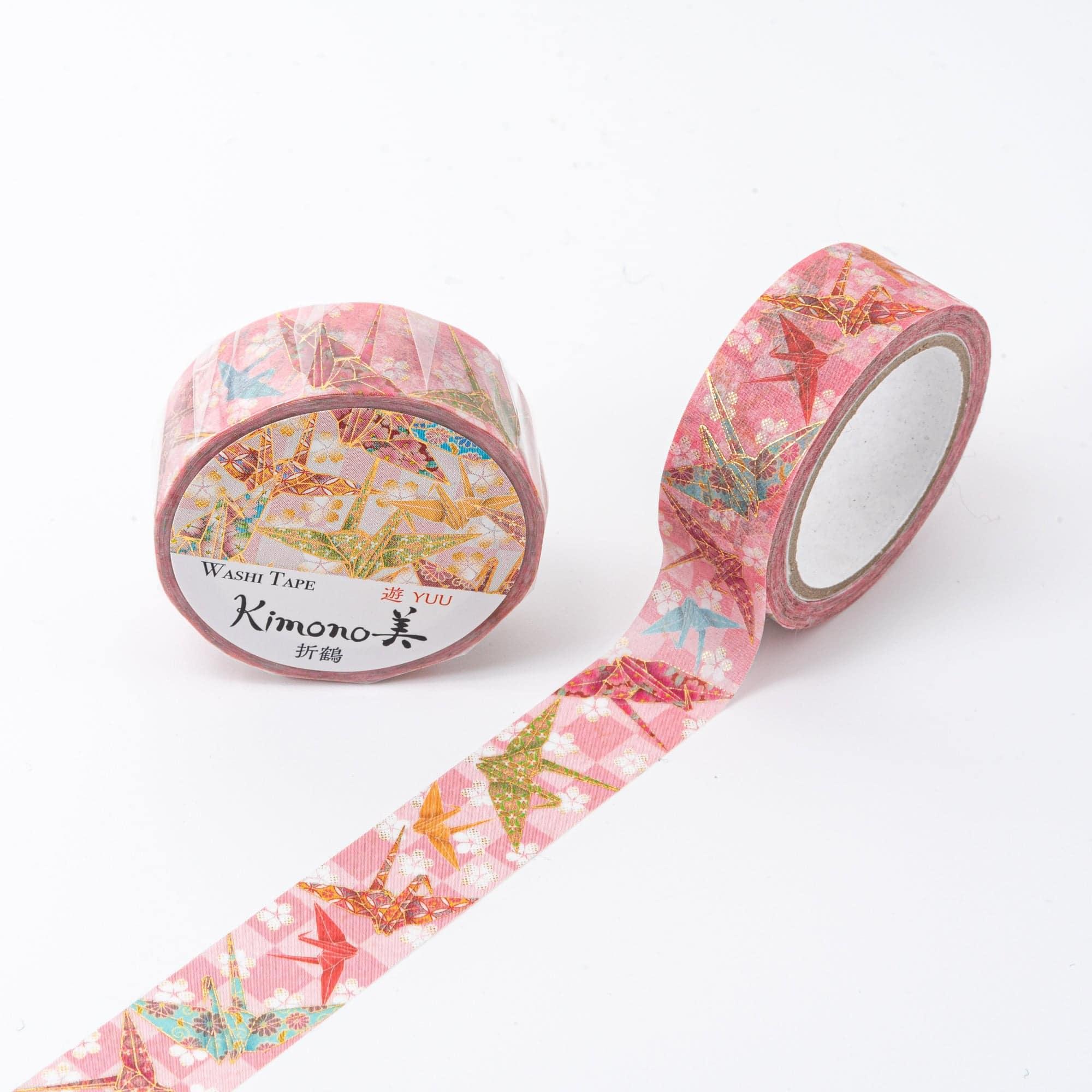 Kimono Beauty Series Iyo Washi Tape featuring origami crane motifs, elegantly displayed on a wooden surface with traditional charm.  