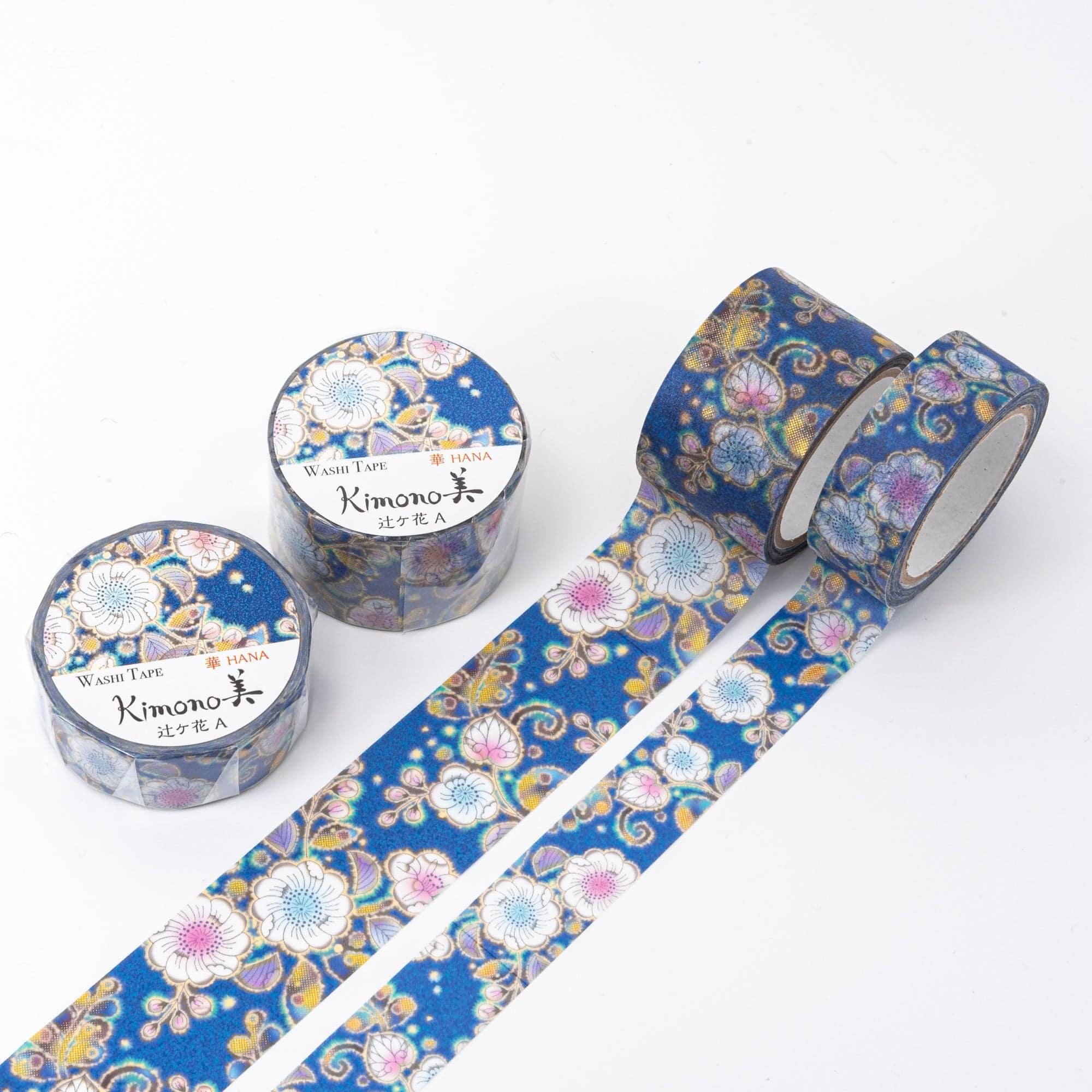 Kimono Beauty Series Iyo Washi Tape with Tsujigahana floral motifs, elegantly arranged on a wooden surface under soft natural light.  