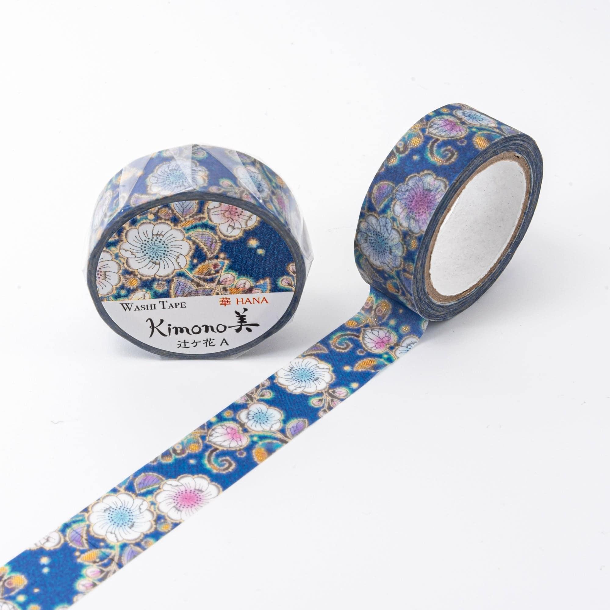 Iyo Washi Tape featuring Tsujigahana-inspired floral motifs, gracefully placed on a wooden surface, emphasizing its artistic value.  