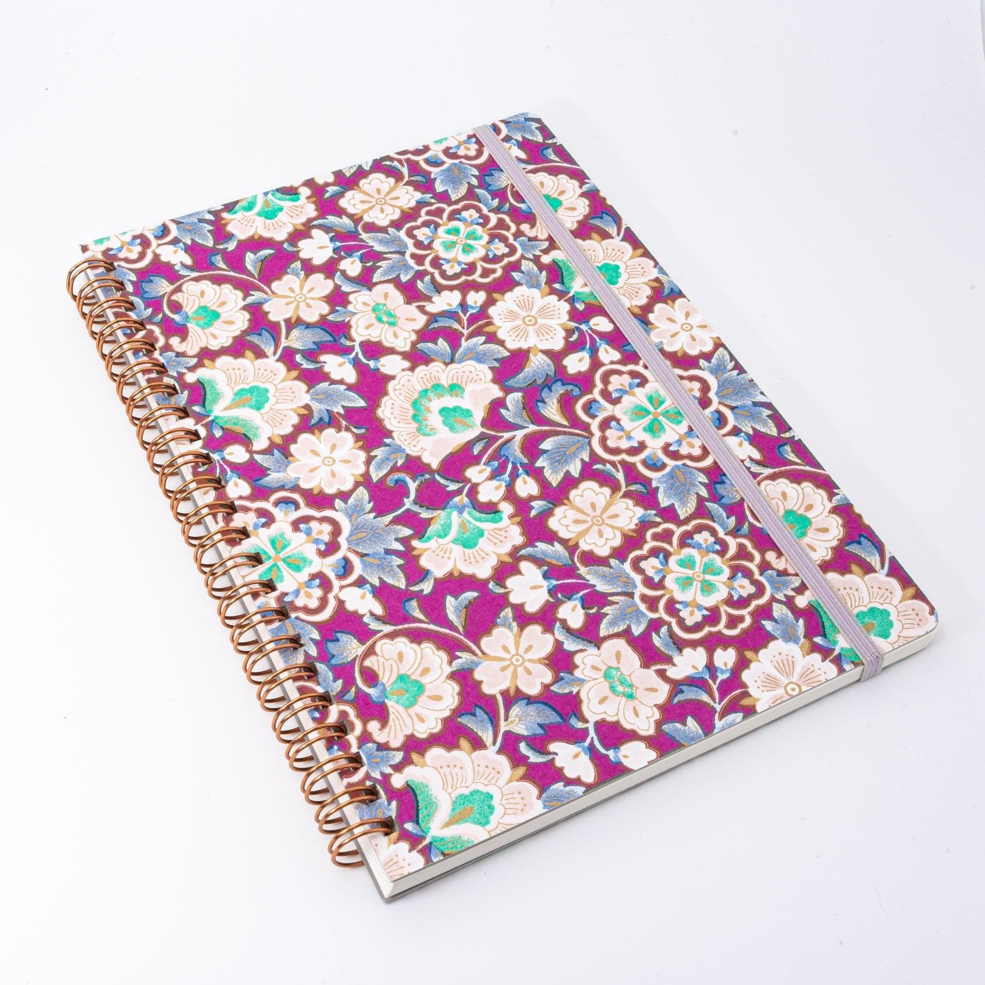 Magenta Garden Hand-Dyed Yuzen Washi Spiral Notebook | A5 - Shogado- Notebook-A5 - Komorebi Stationery4