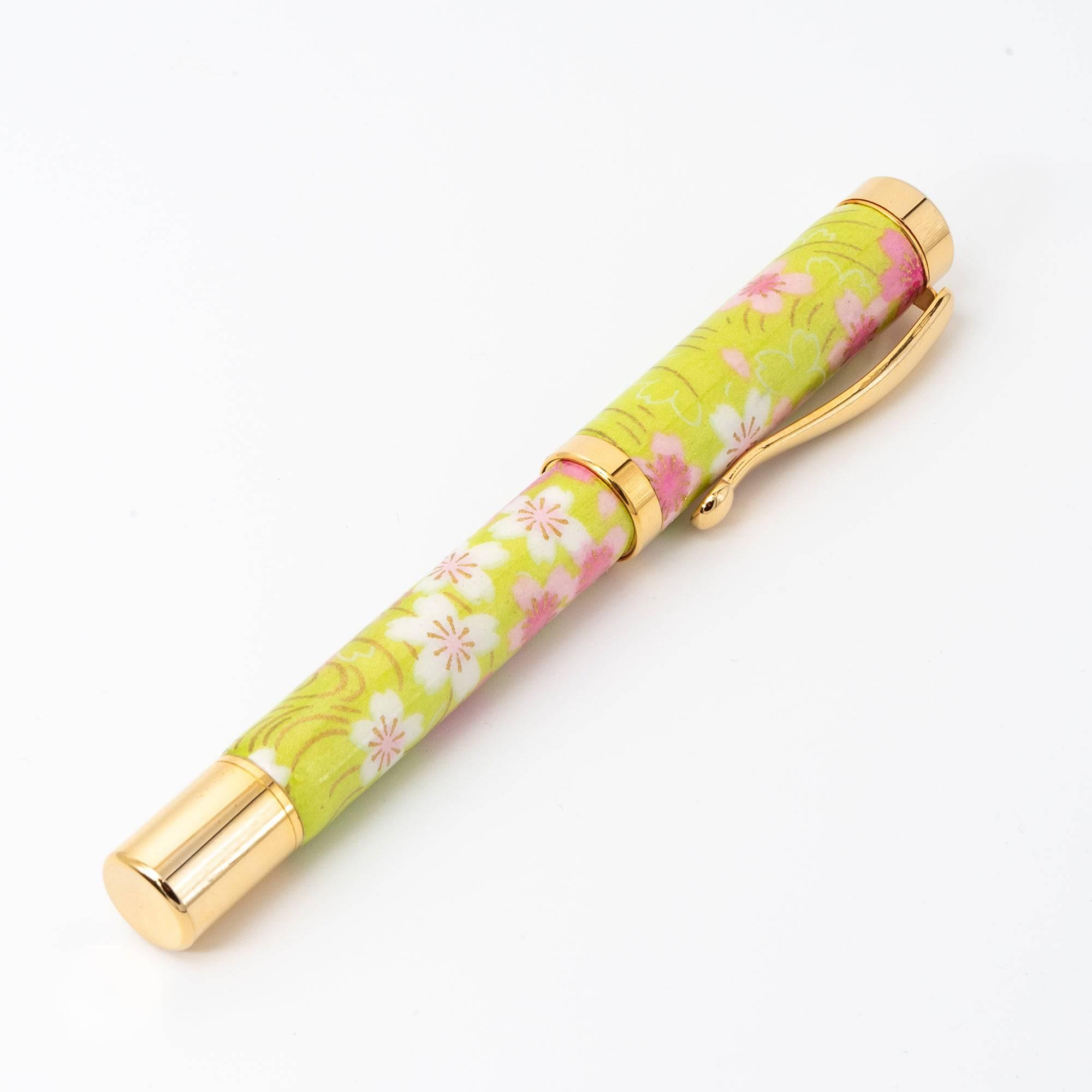 Mino Washi Series Yuzen Sakura and Flowing Water Fountain Pen | Lime Green - Komorebi Stationery